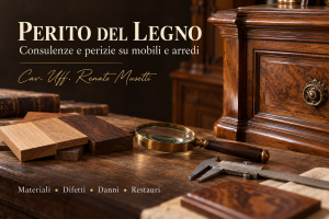 Illustrazione di mobili e campioni di legno con strumenti di esame e il titolo Perito del legno – Cav. Uff. Renato Musetti.